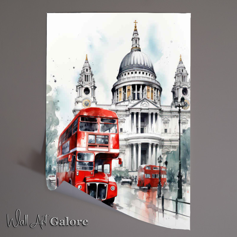 Buy Unframed Poster : (A drawing in watercolor of a red bus with big windows)