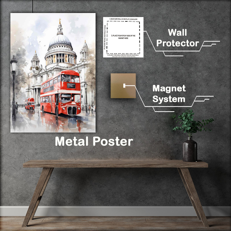 Buy Metal Poster : (London Bus Outside st pauls watercolour style)