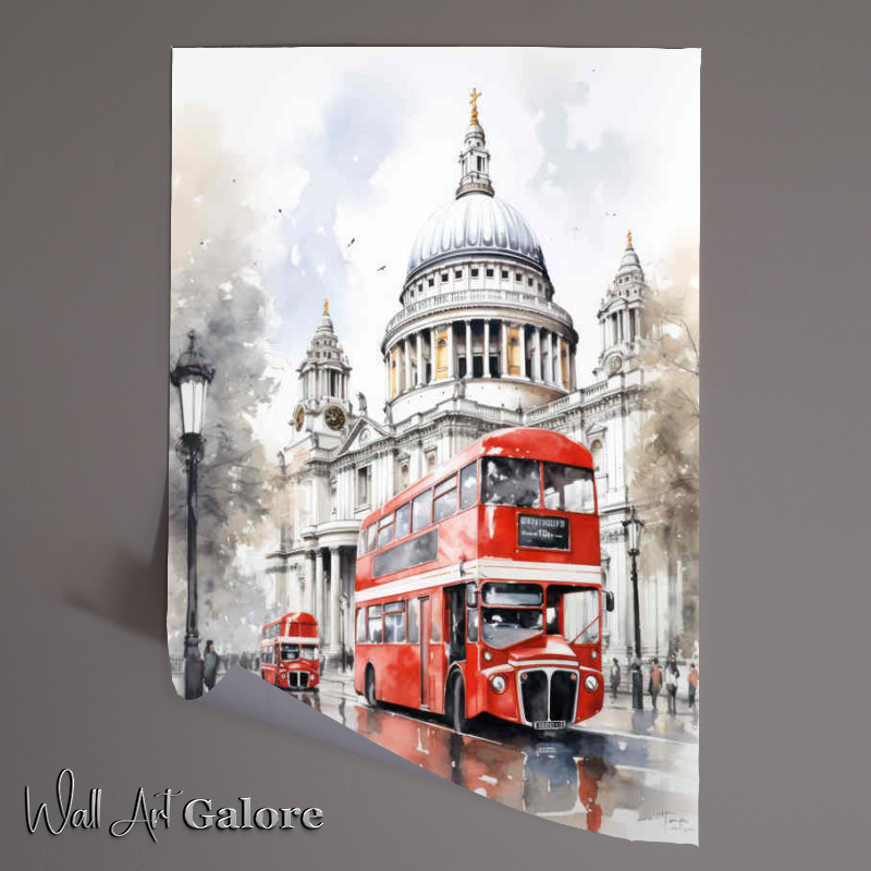 Buy Unframed Poster : (London Bus Outside st pauls watercolour style)