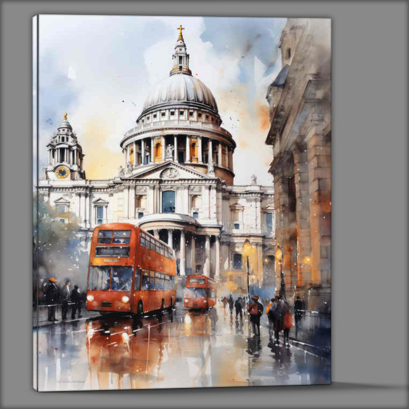Buy Canvas : (Saint pauls with a red london city bus on the street)