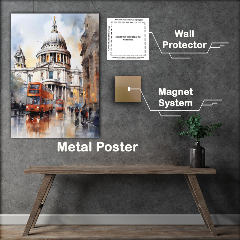 Buy Metal Poster : (Saint pauls with a red london city bus on the street)