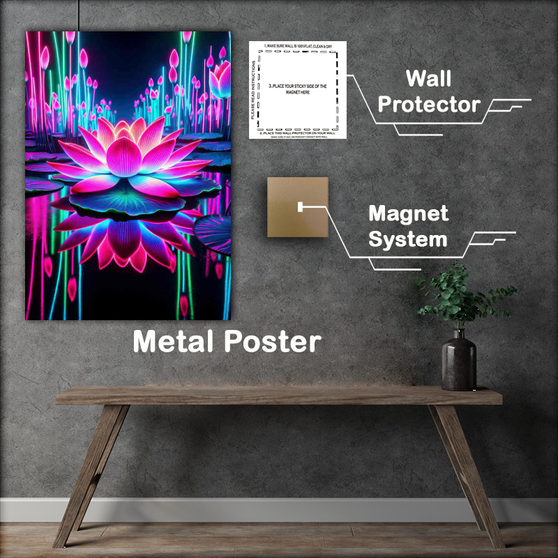 Buy Metal Poster : (Lotus flower illuminated in neon pink and blue hues)