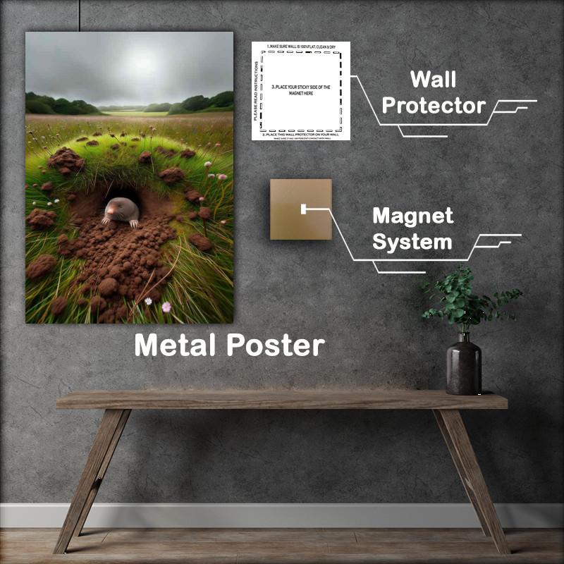 Buy Metal Poster : (Moles Underground burrow amidst a grassy British meadow)