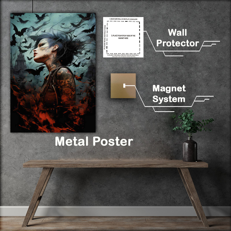 Buy Metal Poster : (Bats in the air with a tattood lady)
