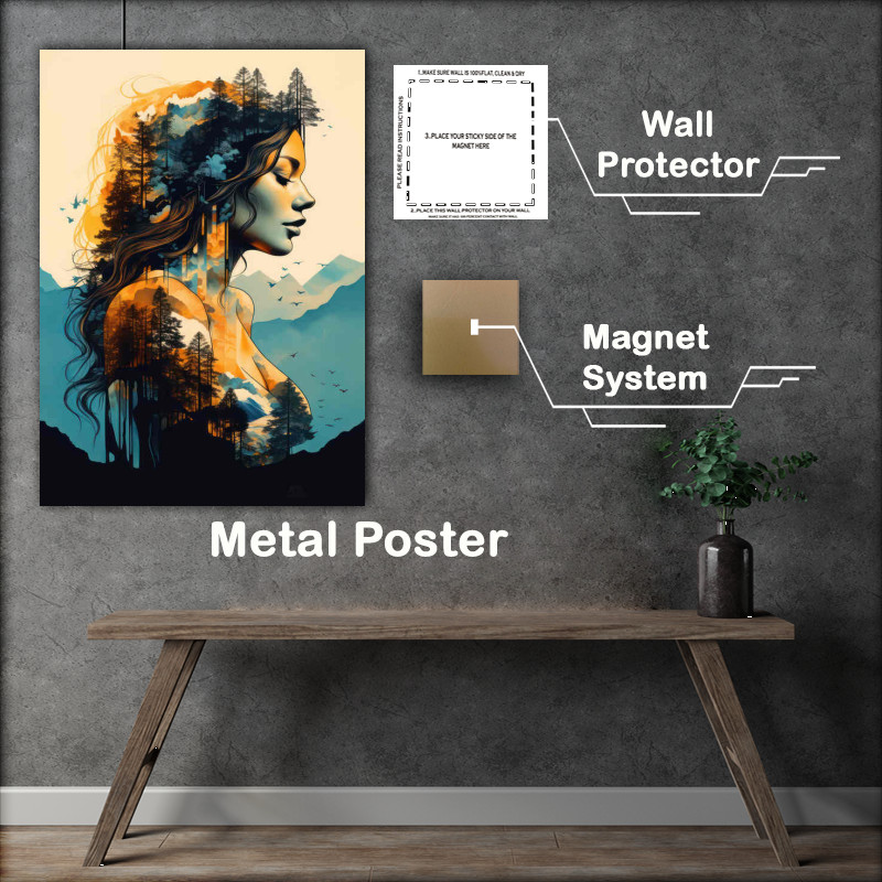 Buy Metal Poster : (Beautiful woman silhouettes trees and mountas art style)