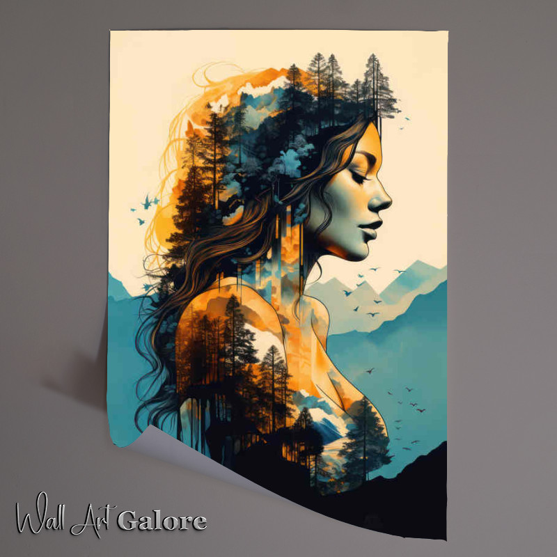 Buy Unframed Poster : (Beautiful woman silhouettes trees and mountas art style)