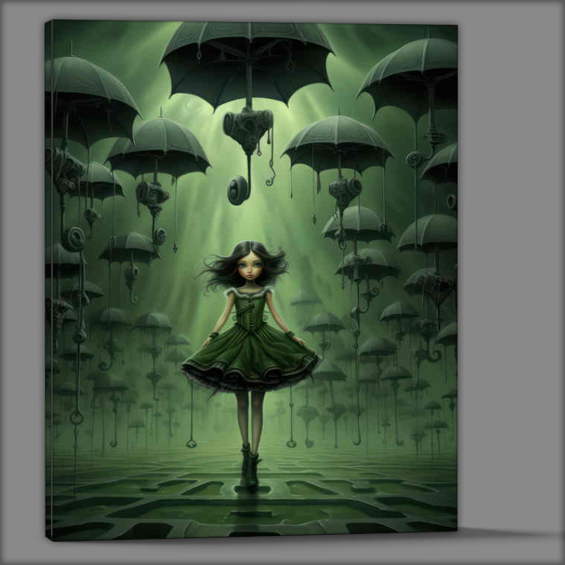 Buy Canvas : (Lirl in green dress surrounded by umberellas art style)