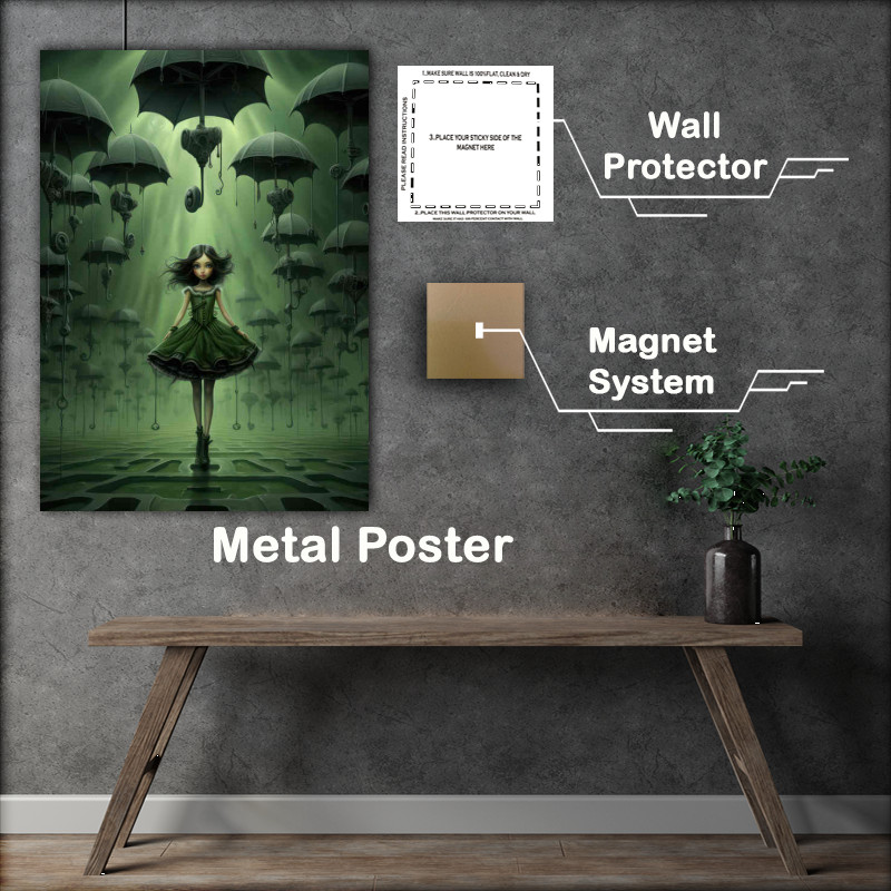 Buy Metal Poster : (Lirl in green dress surrounded by umberellas art style)