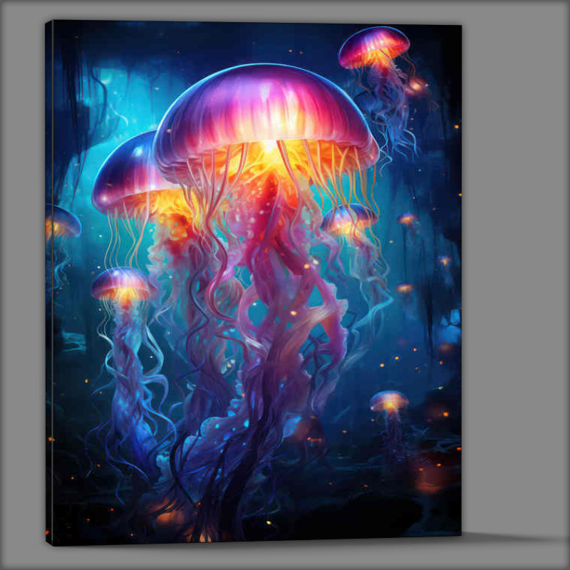 Buy Canvas : (Bright Jellyfish in the night with glowing colors)