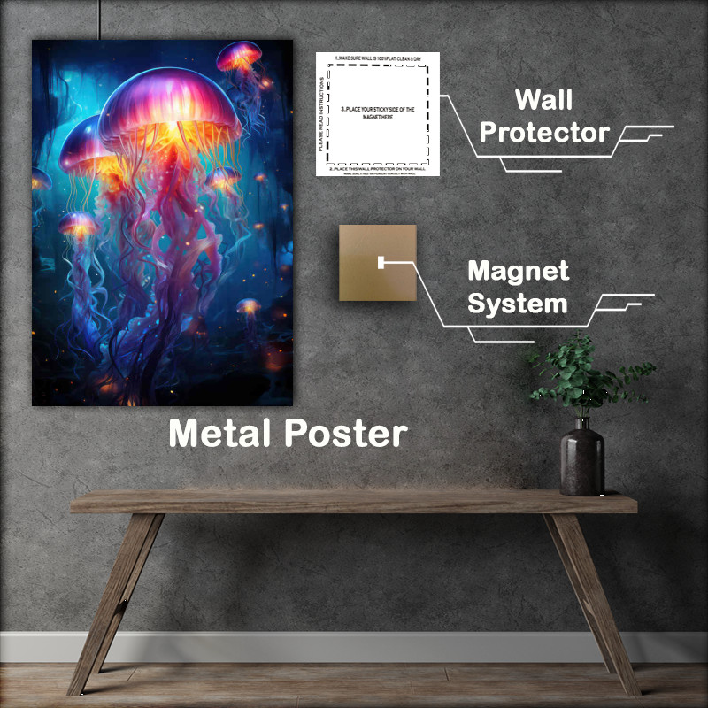 Buy Metal Poster : (Bright Jellyfish in the night with glowing colors)
