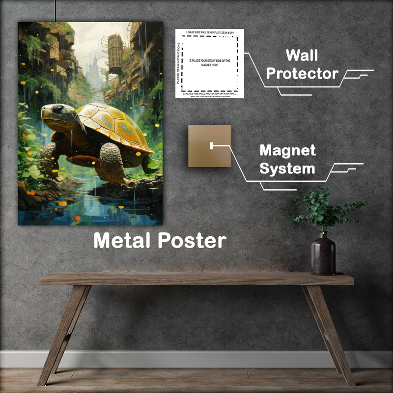 Buy Metal Poster : (Giant Turtle Walking Across The River Bed)