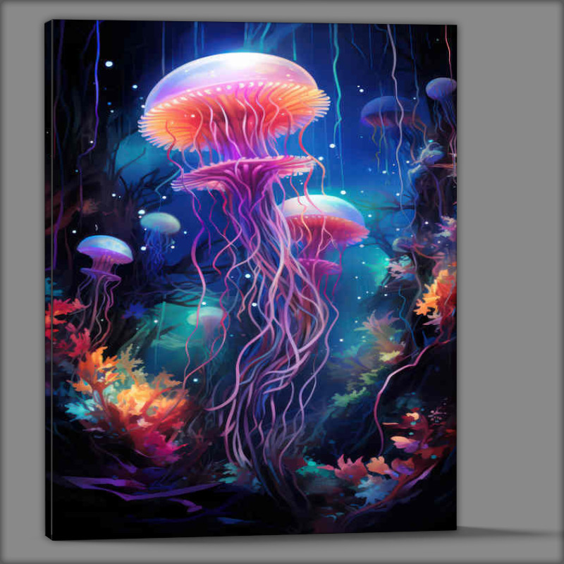 Buy Canvas : (Jellyfish at night on the coral floor)