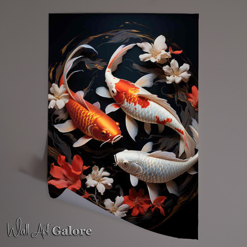 Buy Unframed Poster : (Koi fish with lilly flowers in the water)