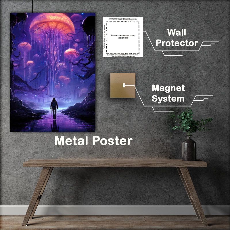 Buy Metal Poster : (Man walking on a planet with_an enormous jellyfish)