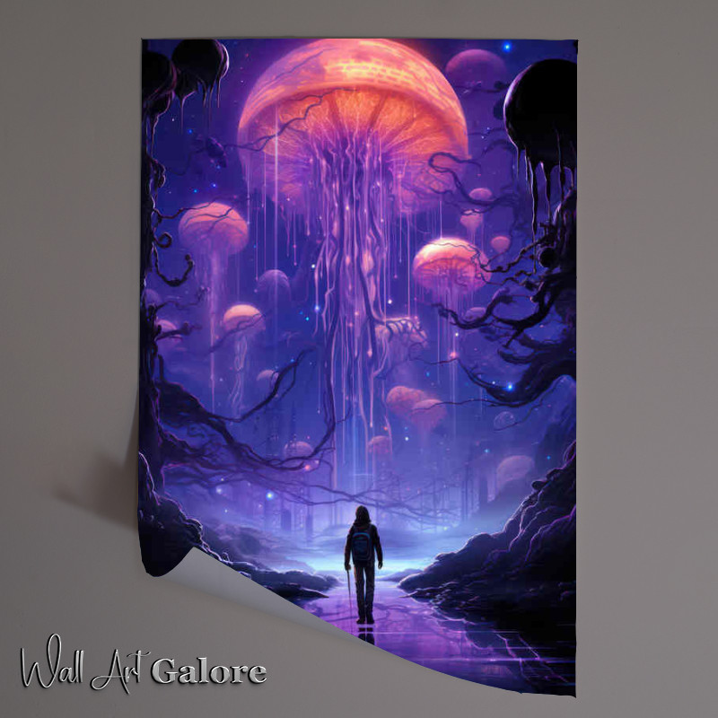 Buy Unframed Poster : (Man walking on a planet with_an enormous jellyfish)