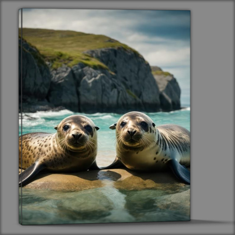 Buy Canvas : (Seals In the sea next to the rock cliffs)