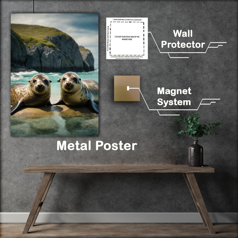 Buy Metal Poster : (Seals In the sea next to the rock cliffs)