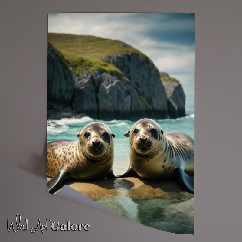 Buy Unframed Poster : (Seals In the sea next to the rock cliffs)