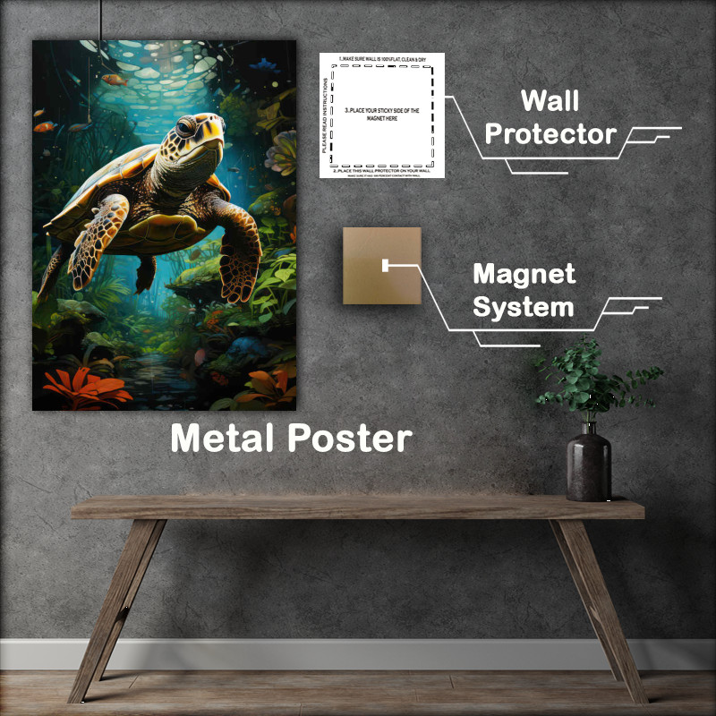 Buy Metal Poster : (Swimming Turtle majestically in the clear waters)