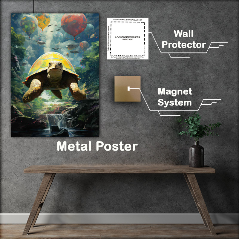 Buy Metal Poster : (Turtle flying above the river surreal art style)