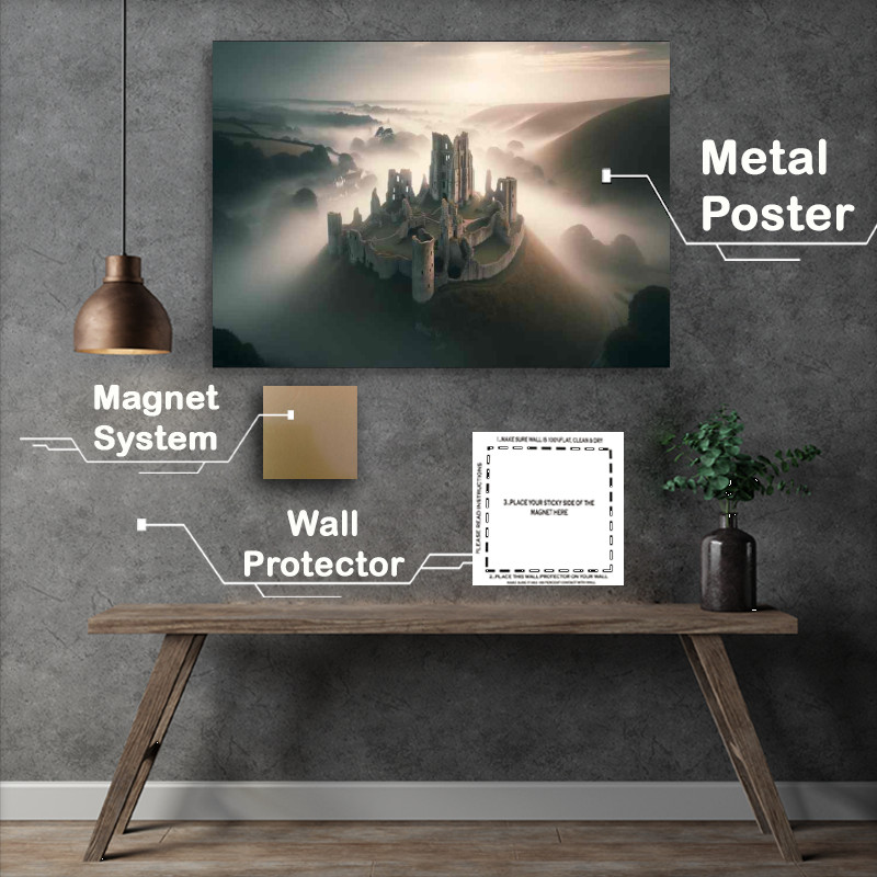Buy Metal Poster : (Corfe Castle Ruins Dorset Misty Dawn)