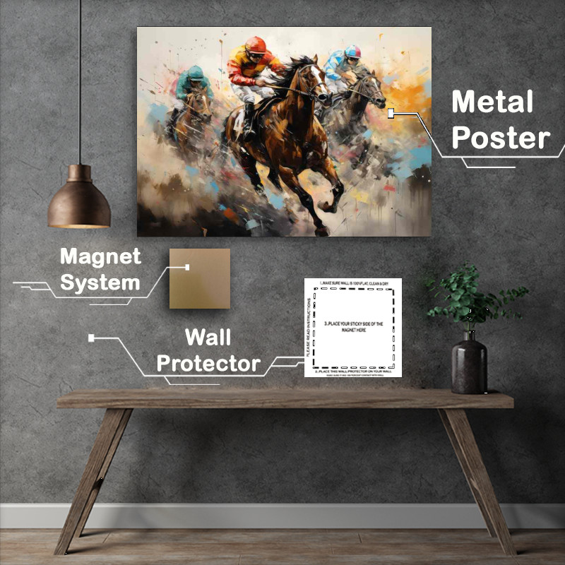 Buy Metal Poster : (Abstract art of horse races with racing jockeys)
