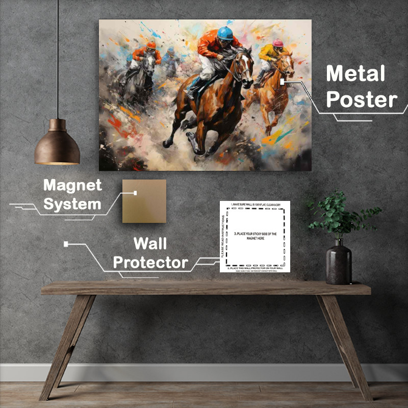 Buy Metal Poster : (Abstract horse jockeys out to win painted style)