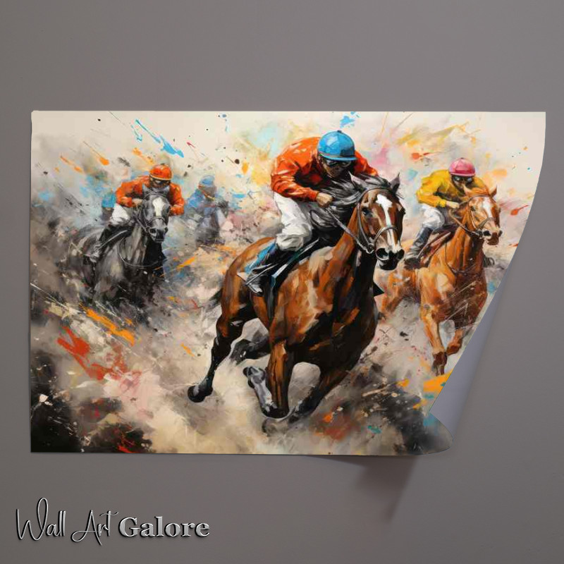 Buy Unframed Poster : (Abstract horse jockeys out to win painted style)