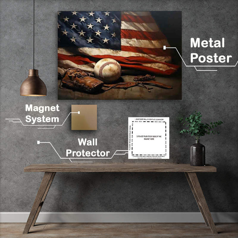 Buy Metal Poster : (American flag with a baseball and a glove)