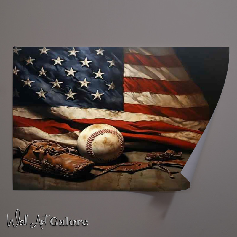 Buy Unframed Poster : (American flag with a baseball and a glove)