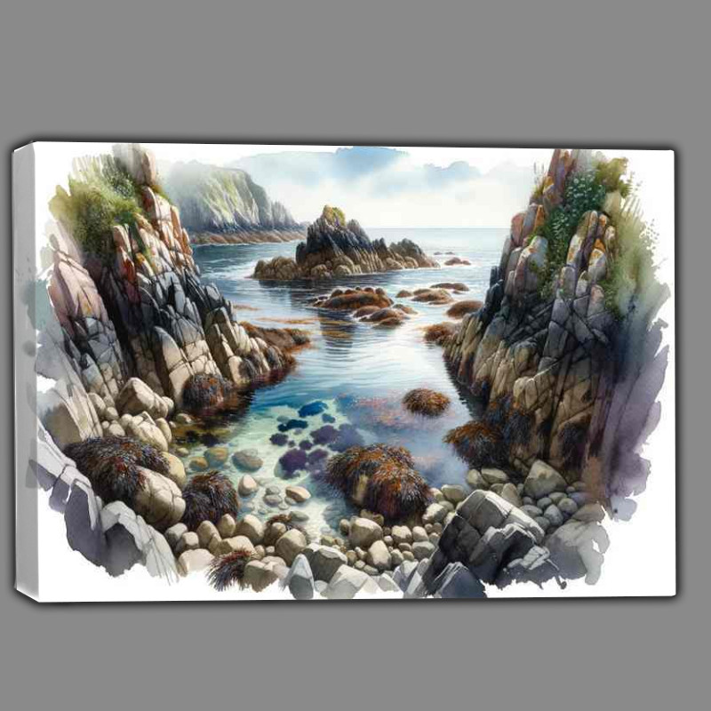 Buy Canvas : (Watercolour Rocky Cove A secluded cove reveals rock pools)