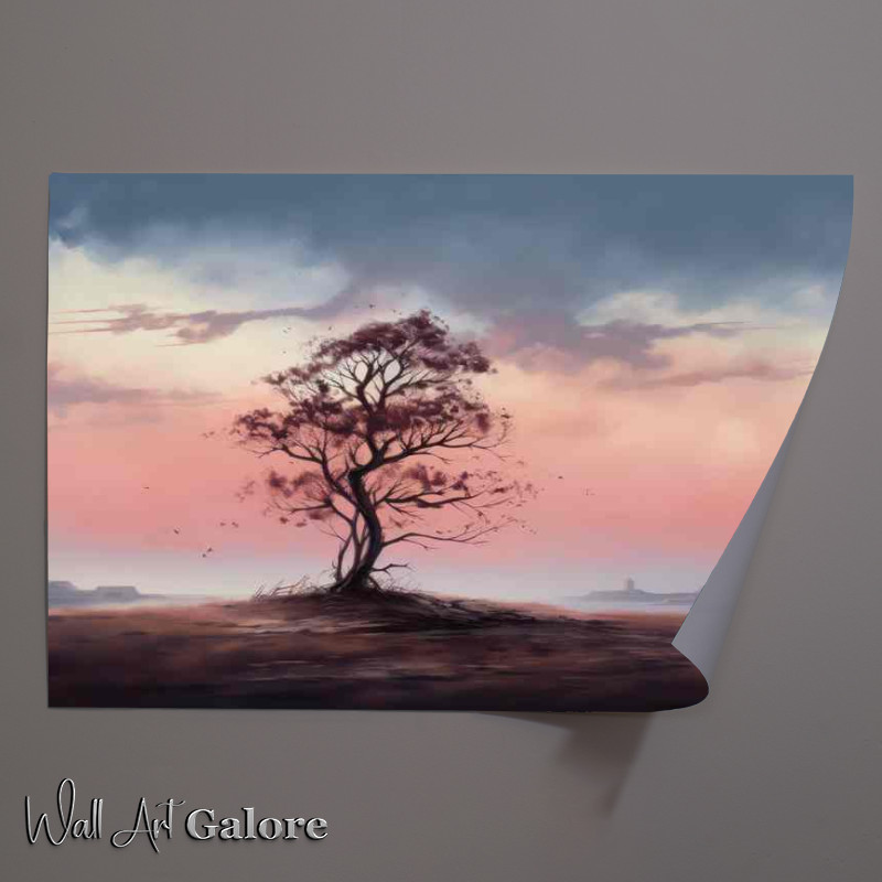 Buy Unframed Poster : (A Solirtary tree in the evening sky painted style)