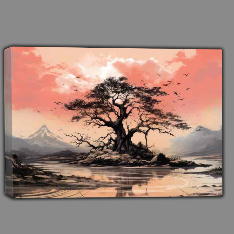 Buy Canvas : (A lone Tree on a moat island with pink skys at dusk)