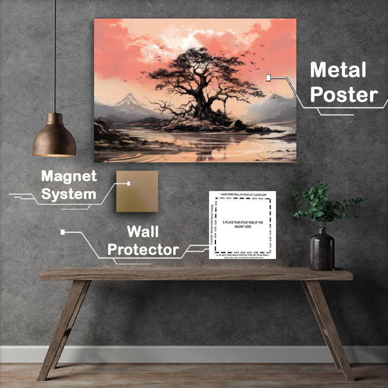 Buy Metal Poster : (A lone Tree on a moat island with pink skys at dusk)