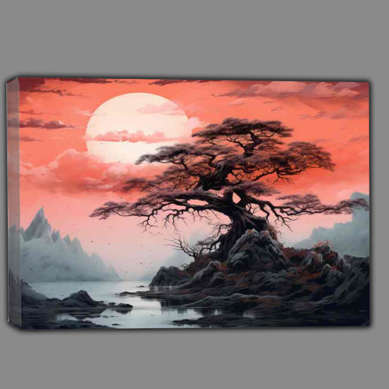 Buy Canvas : (Lone single tree with full moon and a river by the side)