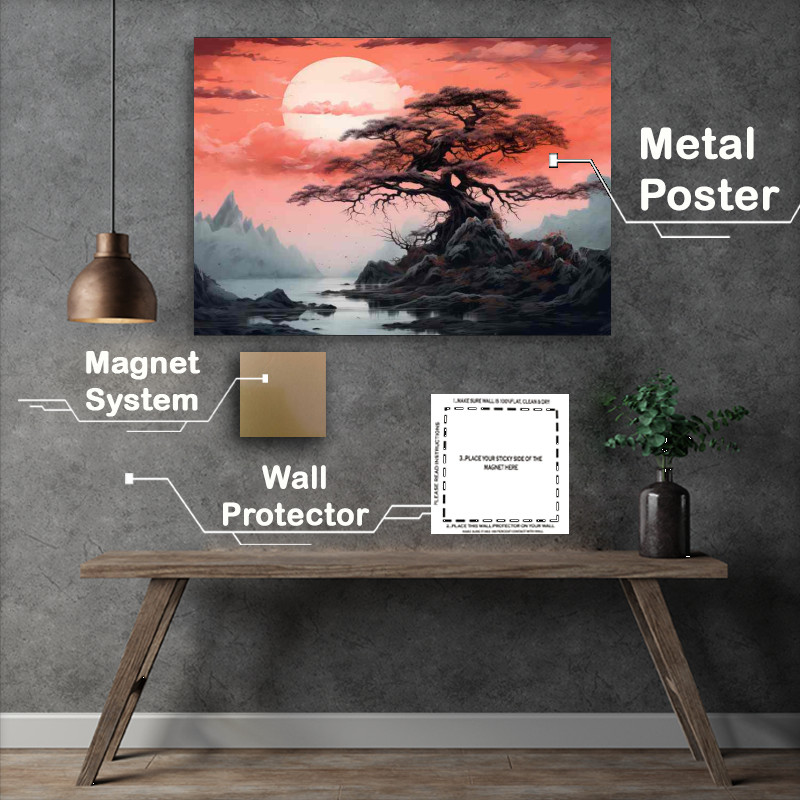 Buy Metal Poster : (Lone single tree with full moon and a river by the side)