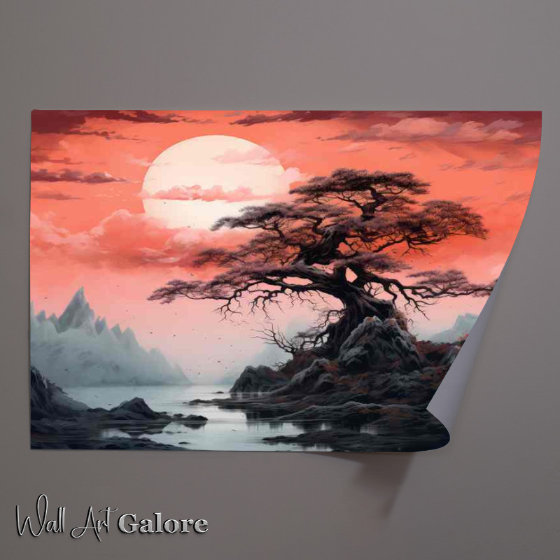 Buy Unframed Poster : (Lone single tree with full moon and a river by the side)