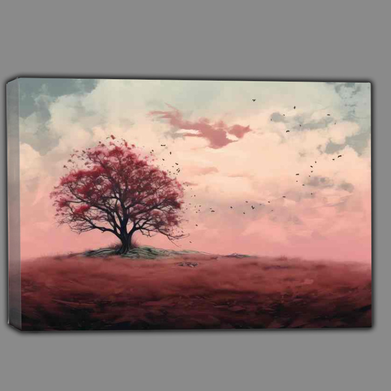 Buy Canvas : (Painted single red tree on a hil top in the wind)