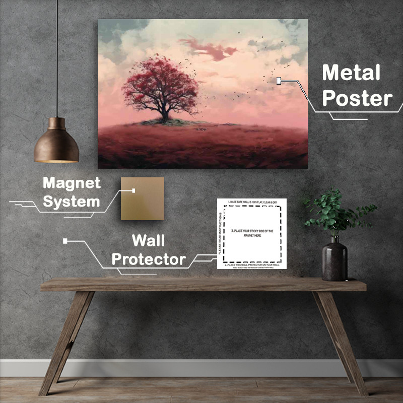 Buy Metal Poster : (Painted single red tree on a hil top in the wind)