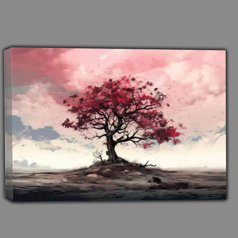 Buy Canvas : (Solitary Red tree with leaves blustering around In the wind)