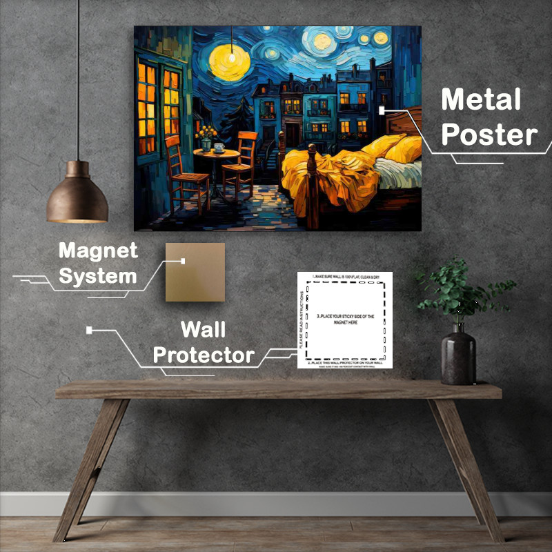 Buy Metal Poster : (Painting style starry night and a bedroom)