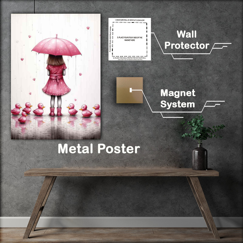 Buy Metal Poster : (Girl Holding A Pink Umberella With Her Pink Ducks)