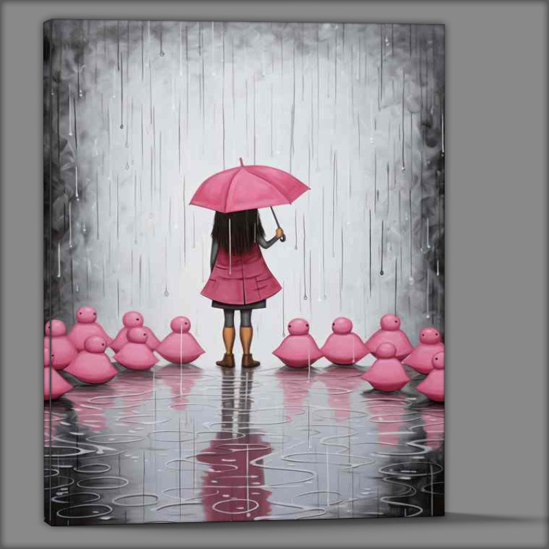 Buy Canvas : (Girl In Pink In The Rain Holding Umberella)