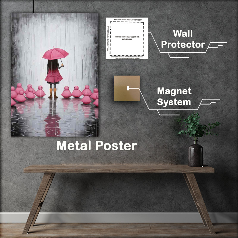 Buy Metal Poster : (Girl In Pink In The Rain Holding Umberella)