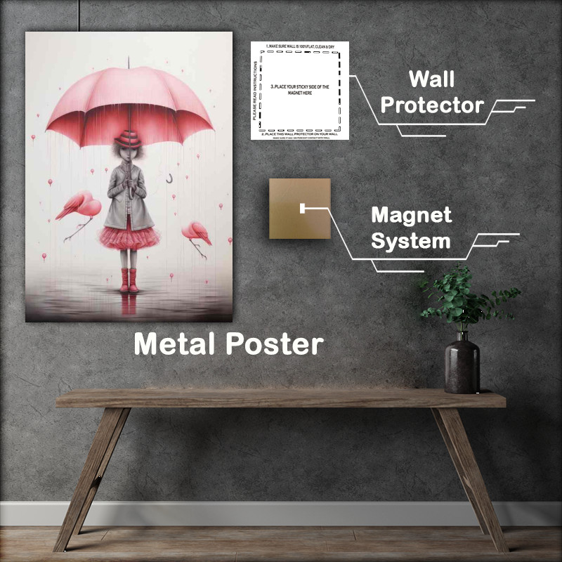 Buy Metal Poster : (Girl With A Pink Umberella With Pink Hearts For Love)