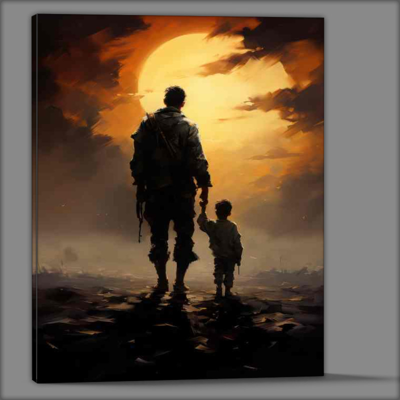 Buy Canvas : (Boy and soilder walking off in the sunset)