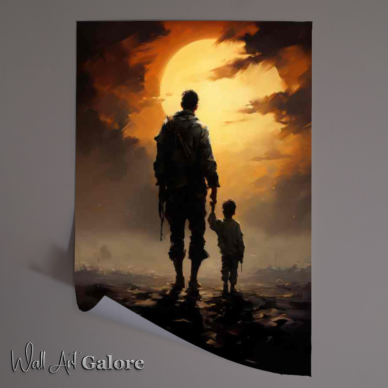 Buy Unframed Poster : (Boy and soilder walking off in the sunset)