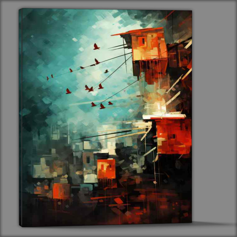 Buy Canvas : (Post Modern town houses with birds flying)