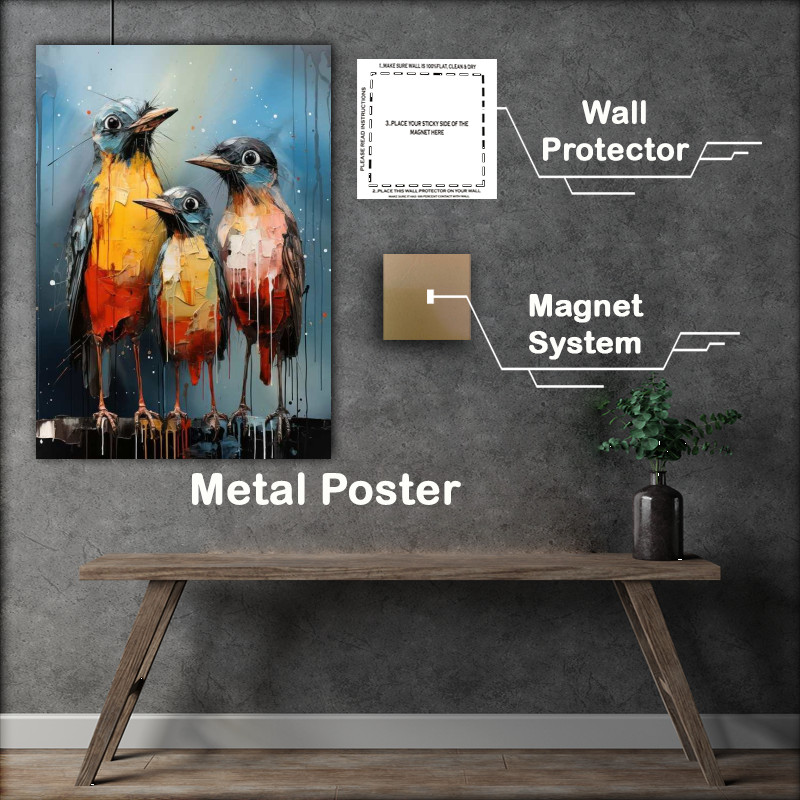 Buy Metal Poster : (Abstract painted style three birds on a perch)