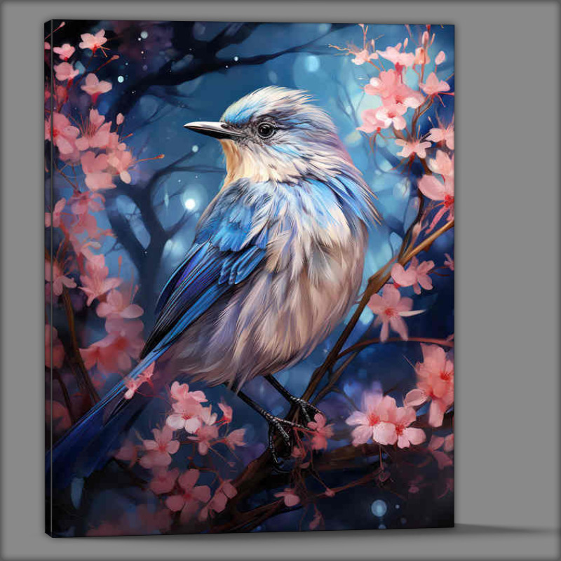 Buy Canvas : (Small Blue Bird sitting on the tree with blossom)